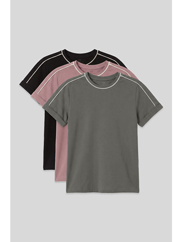 Tommylife Standart Fit O Yaka 3lü Paket Siyah-Haki-Gül Kurusu Kız Çocuk T-Shirt - 75177