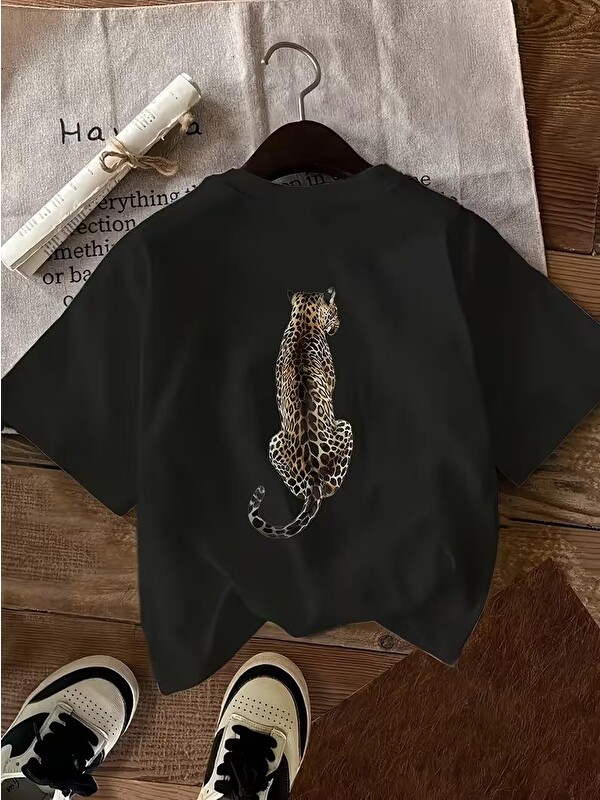 Oksit Oversize Arkası Leopar Baskılı Pamuklu Kadın T-shirt Büyük Beden Kadın Tshirt