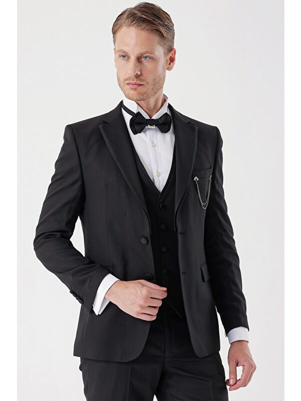 İMZA Siyah Armürlü Çıkarılabilir Mono Yaka Yelekli 6 Drop Slim Fit Smokin Damatlık Takım 1001230202