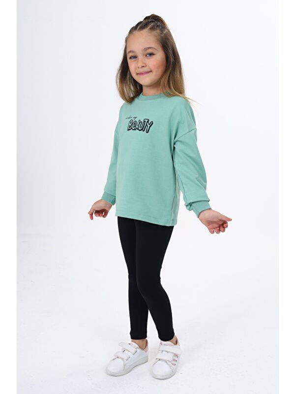 Toontoykids Kız Çocuk 2'li Takım Baskılı Bisiklet Yaka Sweatshirt & Basic Düz Tayt