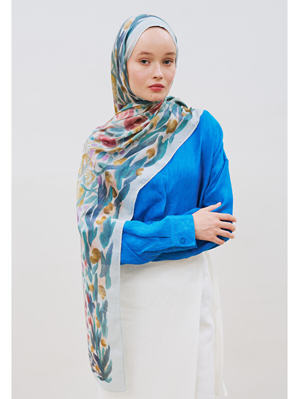 Fresh Scarfs Floral Whimsy Desen Rami Viskon Şal Soft Mavi