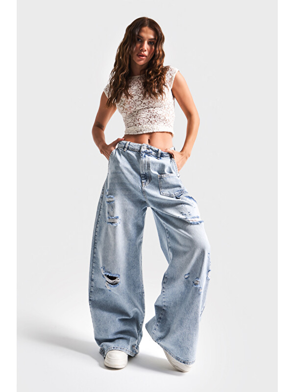 It's Basic Kadın Jean Rengi 12S5-3 Mega Baggy Fit Süper Bol %100 Pamuk Orta Bel Denim Jean
