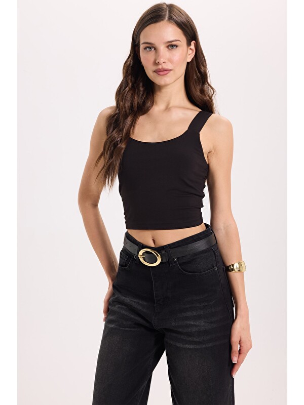 TUDORS Kadın Slim Fit Dar Kesim Elastanlı Siyah Crop Atlet