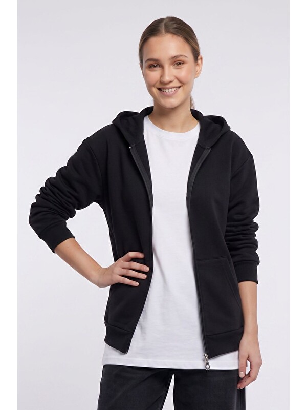 TUDORS Kadın Oversize Geniş Kesim %100 Pamuk Kapüşonlu Fermuarlı Cepli Siyah Sweatshirt