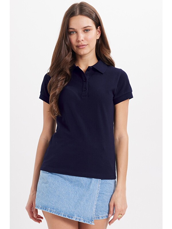 TUDORS Kadın Slim Fit Dar Kesim %100 Pamuk Polo Yaka Lacivert Pike Tişört