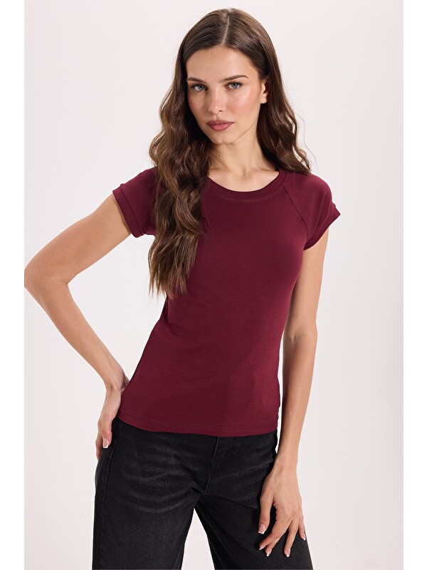 TUDORS Kadın Slim Fit Dar Kesim Bisiklet Yaka Reglan Kol %100 Pamuk Bordo Tişört Bluz