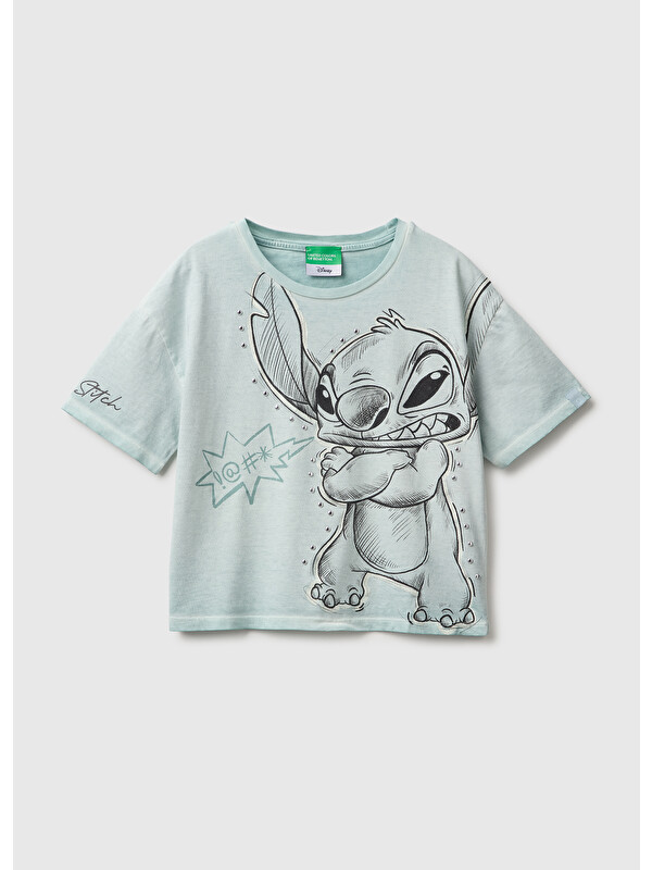 United Colors Of Benetton Kız Çocuk Açık Gri Lilo&Stitch Baskılı Kısa Kollu Tişört