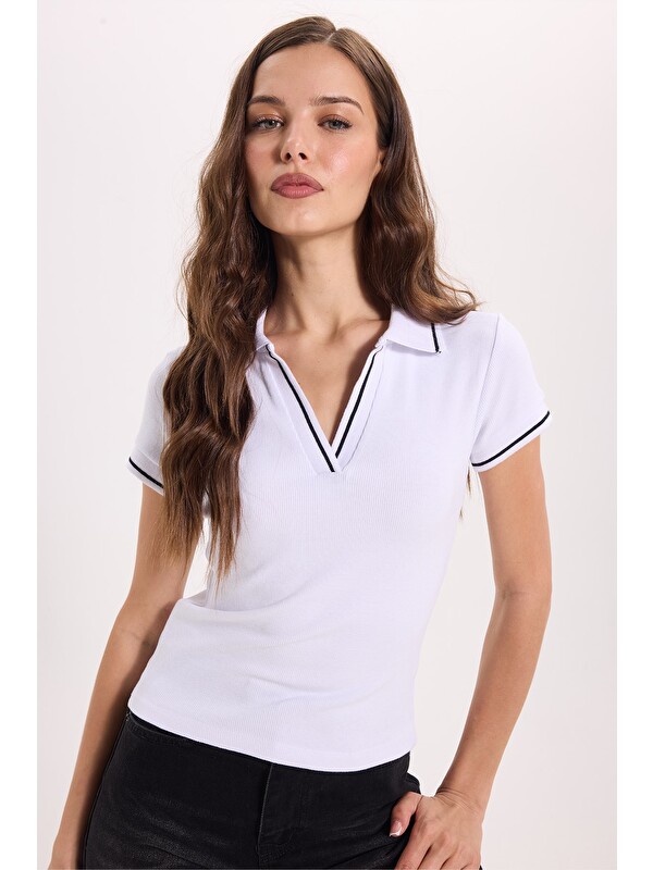 TUDORS Kadın Slim Fit Dar Kesim Pamuklu Polo Yaka Kısa Kollu Beyaz Tişört