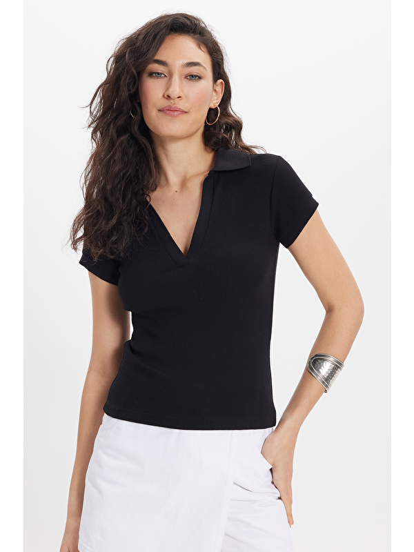 TUDORS Kadın Slim Fit Dar Kesim Pamuklu Kısa Kollu Siyah Polo Yaka Tişört
