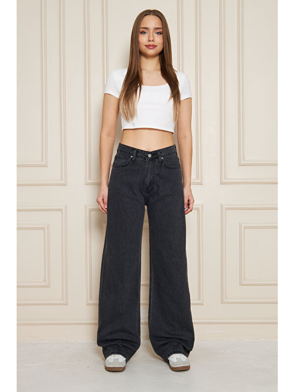 Comstar Kadın Bol Paça Yüksek Bel Baggy Füme Jean Pantolon