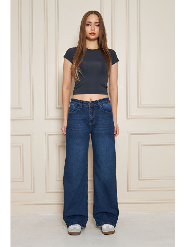Comstar Kadın Bol Paça Yüksek Bel Baggy Lacivert Jean Pantolon