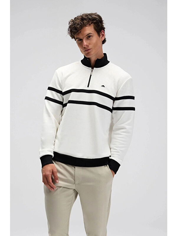 Ellesse Şeritli Pamuklu Regular Fit Yarım Fermuarlı Dik Yaka Sweat EM619-OF
