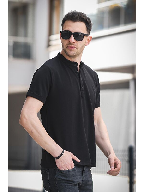 Oksit Cole Slim Fit Esnek Elastanlı Yarım Düğmeli Kısa Kol Hakim Yaka Erkek Tişört