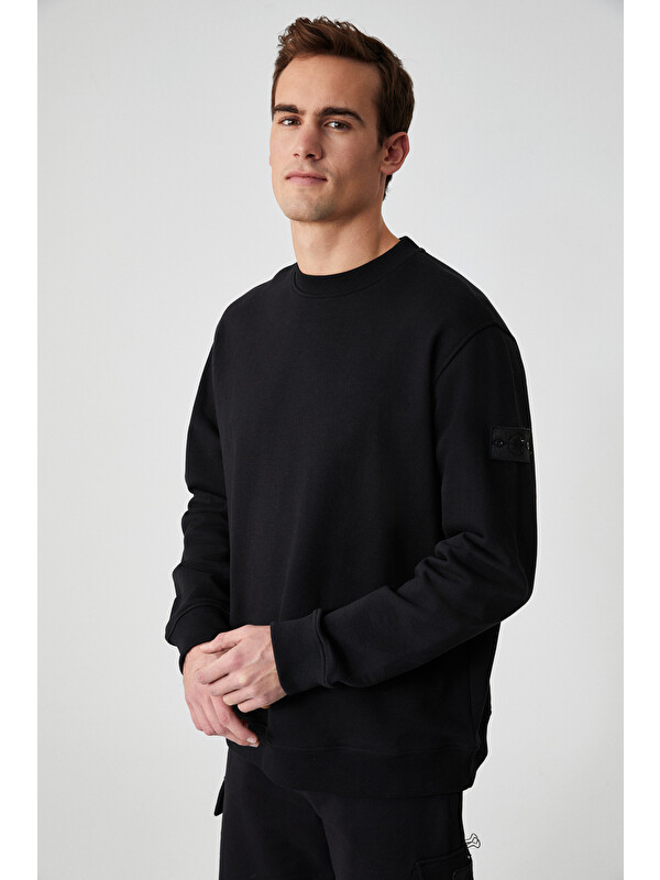GRIMELANGE OLLIE Erkek Bisiklet Yaka Regular Uzun Kollu Nakış Detaylı SİYAH Sweatshirt