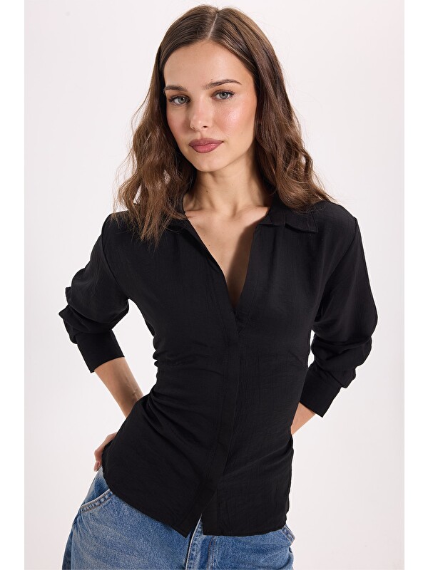 TUDORS Kadın Slim Fit Dar Kesim Bel Ve Sırt Bağlamalı Siyah Gömlek