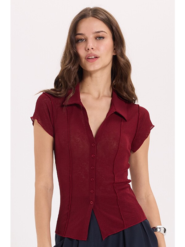 TUDORS Kadın Slim Fit Dar Kesim Kısa Kollu Dikiş Detaylı Dokulu Düğmeli Bordo Bluz Gömlek