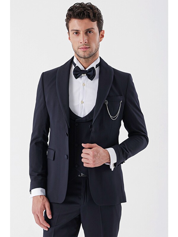 İMZA Koyu Lacivert Desenli Armürlü Kruvaze 6 Drop Slim Fit Smokin Damatlık Takım 1001230214