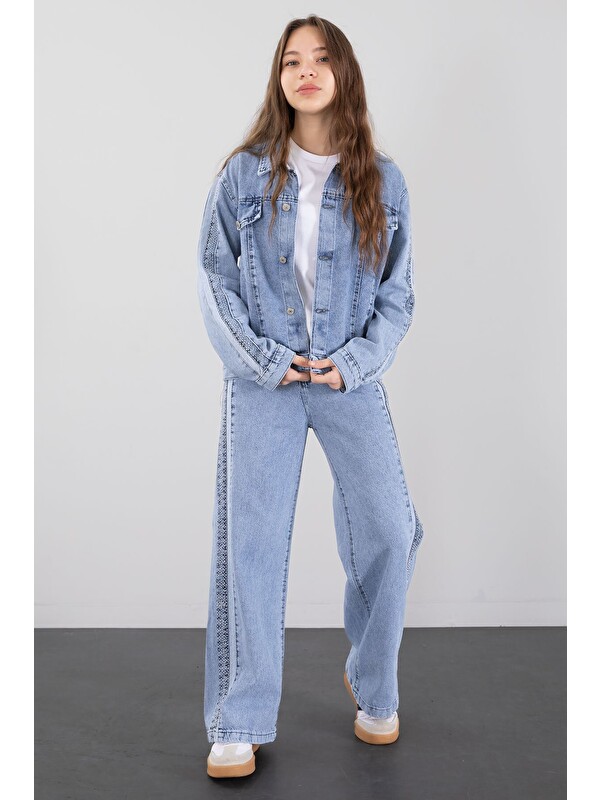 Cansın Mini Mavi Taş Detaylı Düğmeli Ceketli Pantolonlu Kız Çocuk Jean Takım 23467