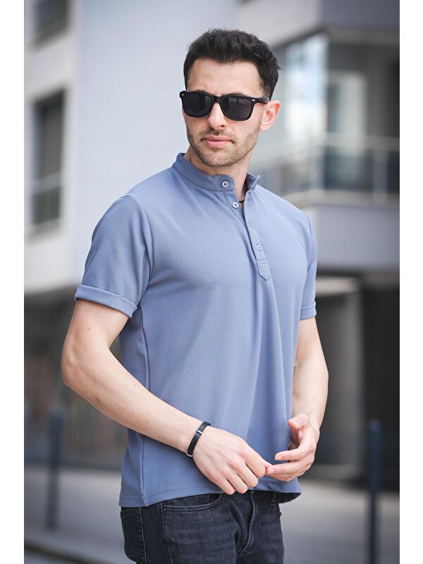 Oksit Cole Slim Fit Esnek Elastanlı Yarım Düğmeli Kısa Kol Hakim Yaka Erkek Tişört