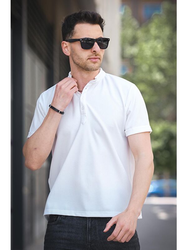 Oksit Cole Slim Fit Esnek Elastanlı Yarım Düğmeli Kısa Kol Hakim Yaka Erkek Tişört