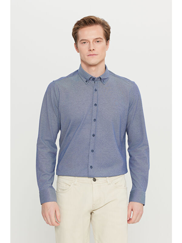 Altınyıldız Classics Erkek Lacivert Pamuklu Slim Fit Dar Kesim Düğmeli Yaka Örme Gömlek