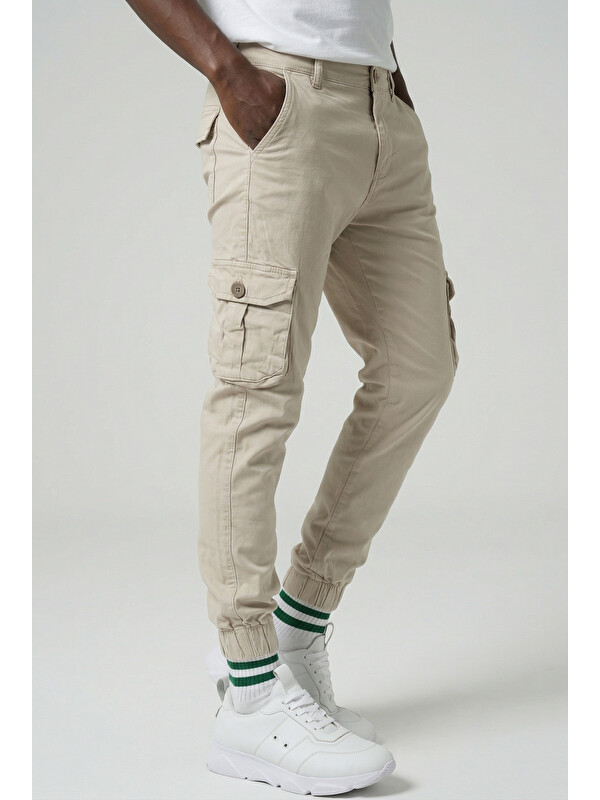 Domoda Kargo Cepli, Fermuarlı Paça Lastikli Esnek Kumaş Slim Fit Gabardin Erkek Kargo Pantolon