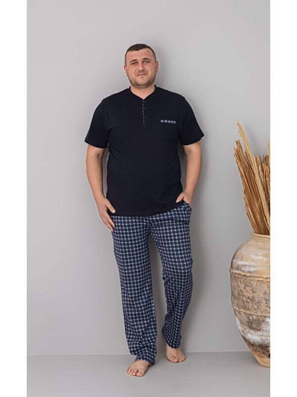 Formo Erkek %100 Pamuk Ekose Kısa Kollu Düğmeli Doğal Battal Büyük Beden Pijama Takımıı