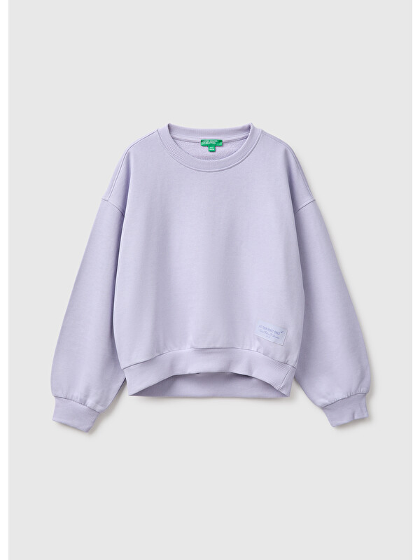 United Colors Of Benetton Kız Çocuk Lila Ribanalı Uzun Kollu Bisiklet Yaka Sweatshirt