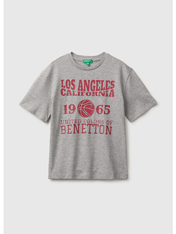 United Colors Of Benetton Erkek Çocuk Gri Melanj Önü Nakışlı Kısa Kollu Tişört