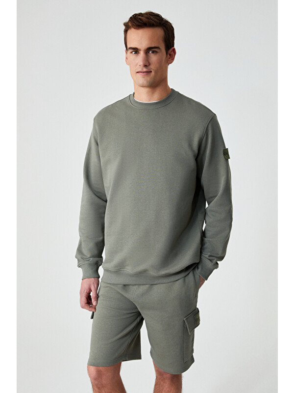 GRIMELANGE OLLIE Erkek Bisiklet Yaka Regular Uzun Kollu Nakış Detaylı HAKİ Sweatshirt