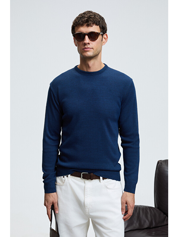 GRIMELANGE VAREX Erkek Yuvarlak Yaka Basic Slim Fit Triko İNDİGO Kazak