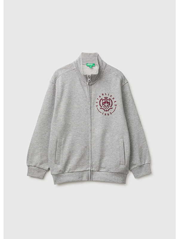 United Colors Of Benetton Erkek Çocuk Gri Melanj Önü İşlemeli Ribanalı Cepli Fermuarlı Dik Yaka Sweatshirt