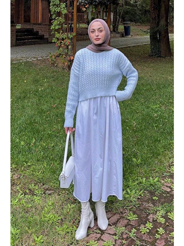 Lamelif Crop Triko Kazak Bebe Mavisi