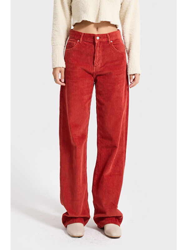 It's Basic Kadın Orange Lora 26w5-104 Loose Fit Orta Bel Kalın Fitilli Velvet Kadife Kumaş Pantolon