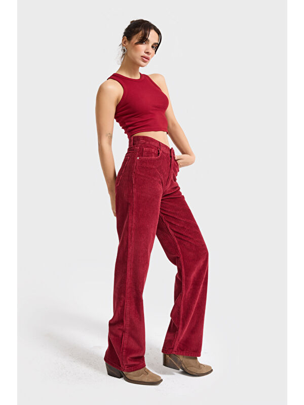 It's Basic Kadın Bordo Renk Doris 26w5-35 Straight Fit Yüksek Bel Kalın Fitilli Velvet Kadife Kumaş Pantolon