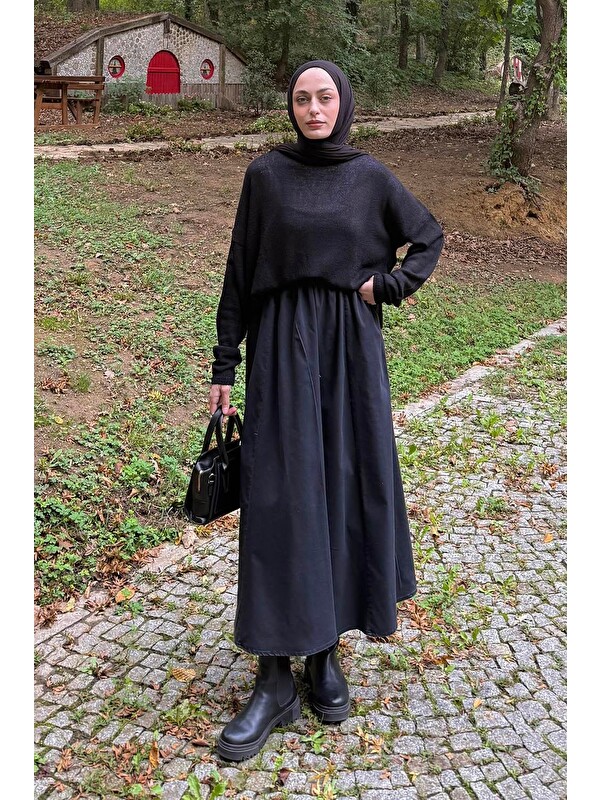 Lamelif Kayık Yaka Triko Kazak Siyah