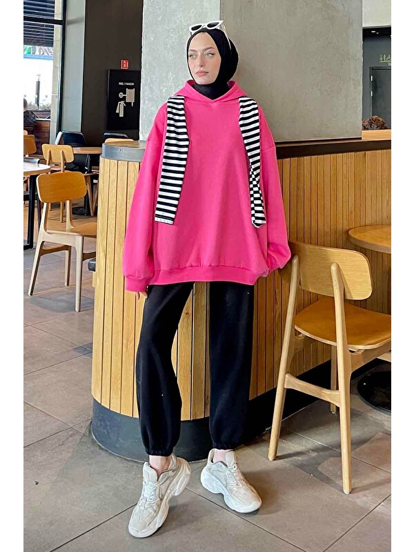 Lamelif Kapüşonlu Salaş Sweatshirt Fuşya