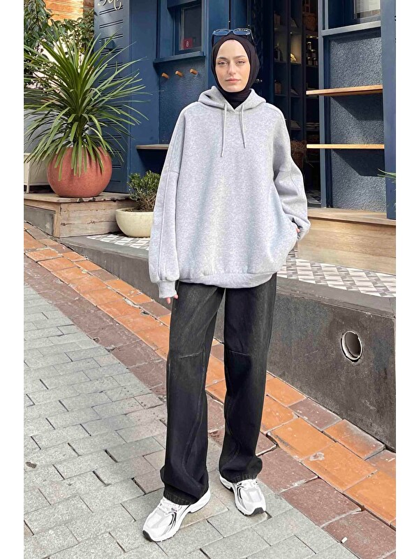 Lamelif Kapüşonlu Oversize Yan Cepli Sweat Gri
