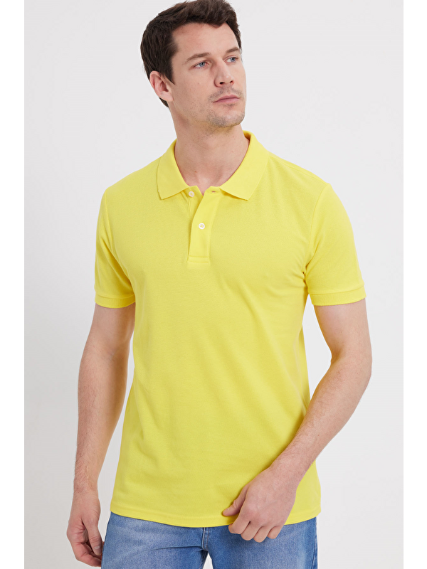 TUDORS Erkek Slim Fit Dar Kesim %100 Pamuk Sarı Polo Yaka Tişört