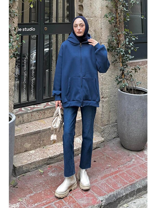 Lamelif Kapüşonlu Oversize Yan Cepli Sweat İndigo