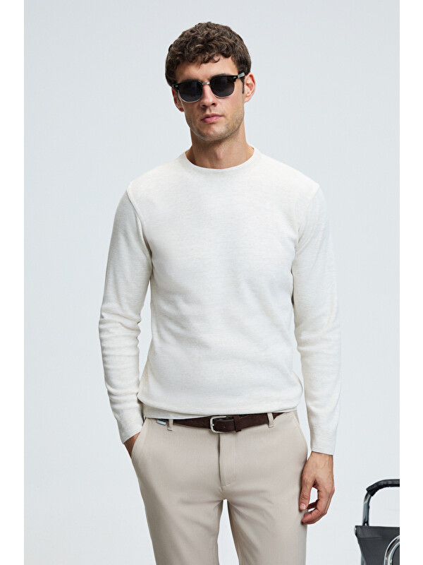 GRIMELANGE VAREX Erkek Yuvarlak Yaka Basic Slim Fit Triko EKRU Kazak
