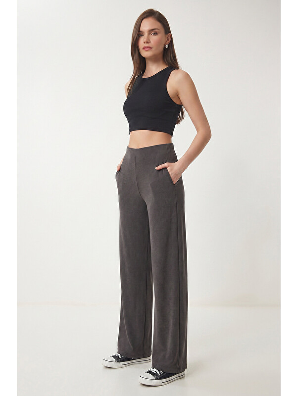 Happiness İstanbul Geniş Paça Fitilli Modal Pantolon ANTRASİT LUB0348
