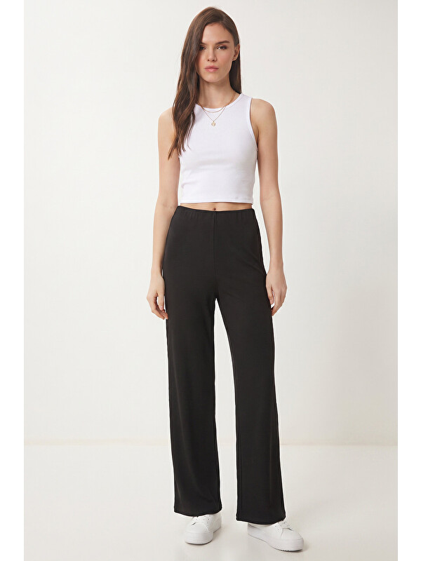 Happiness İstanbul Geniş Paça Fitilli Modal Pantolon SİYAH LUB0348