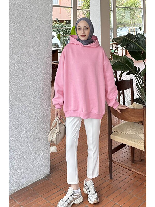 Lamelif Kapüşonlu Salaş Sweatshirt Şeker Pembesi