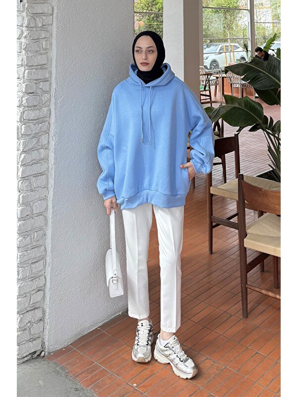 Lamelif Kapüşonlu Oversize Yan Cepli Sweat Bebe Mavisi