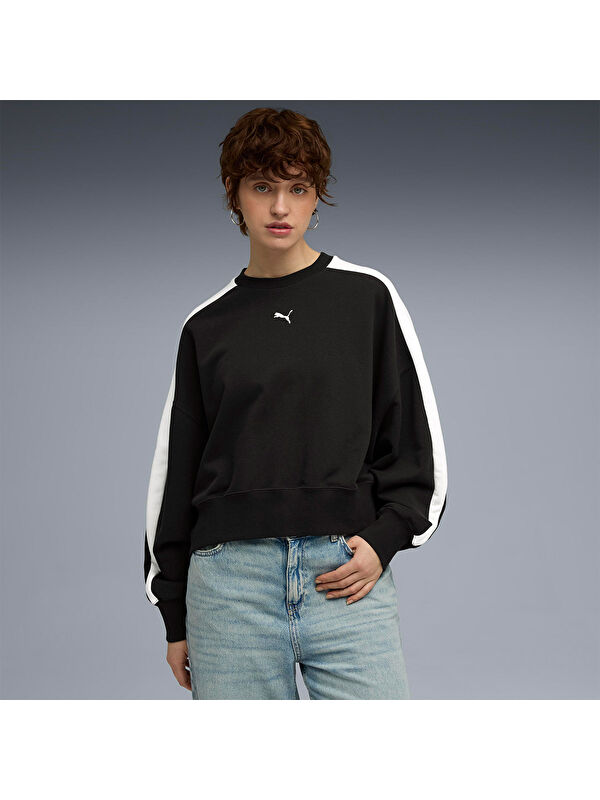 Puma T7 Over Oversized Crew Kadın Siyah Yuvarlak Yaka Sweatshirt