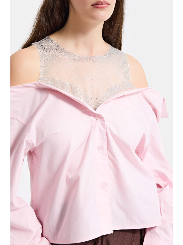 It's Basic Kadın Pembe Oversize Tül Dantelli Özel Tasarım Gömlek