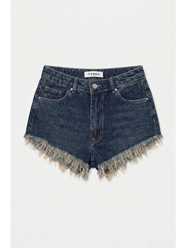 It's Basic Kadın Koyu Jean 2s6 Mini Boy Paça Püsküllü Denim Şort