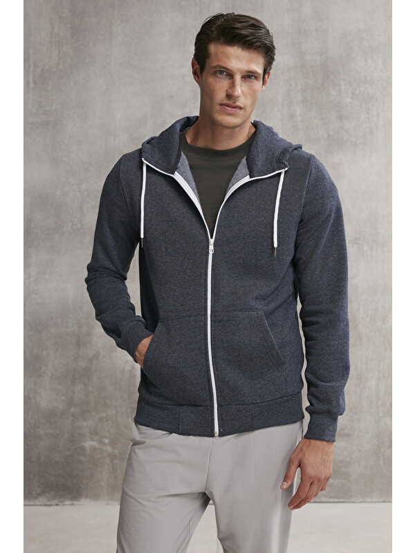 GRIMELANGE CORE Erkek Fermuarlı Yüksek Yaka Kapüşonlu Kordonlu İçi Polarlı LACİVERT Sweatshirt