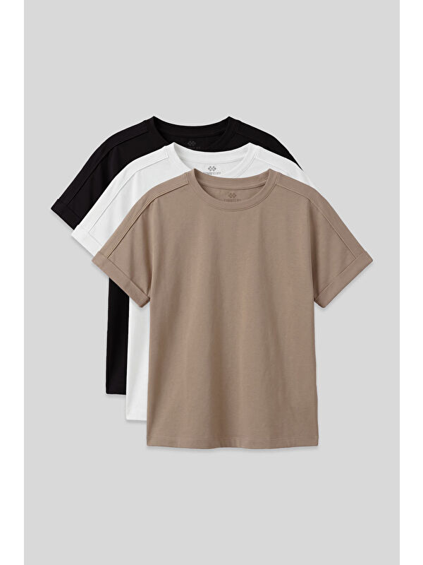 Tommylife Oversize Fit O Yaka Basic 3lü Paket Siyah-Beyaz-Koyu Bej Kız Çocuk T-Shirt - 75182